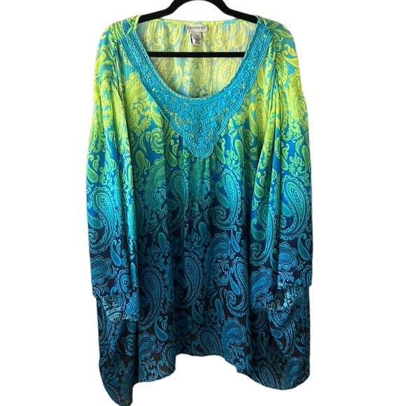 Catherine’s Beachy Boho Ombré Paisley Blouse Top 4X Lace Collar Green Turquoise - Picture 1 of 8